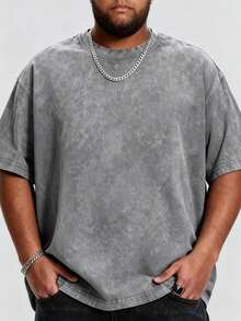 Men's Plus-Size T-Shirt Set, Washed T-Shirt, Y2K Style, Street Style, Suitable For Shopping, Summer Regular Fit, Easter, Christmas, Thanksgiving Day. - 灰色 - 查看 1