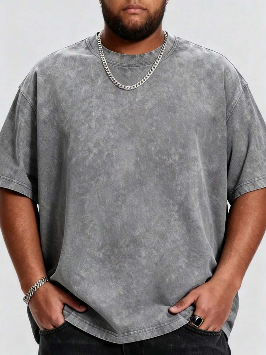 Men's Plus-Size T-Shirt Set, Washed T-Shirt, Y2K Style, Street Style, Suitable For Shopping, Summer Regular Fit, Easter, Christmas, Thanksgiving Day. - 灰色 - 查看 1