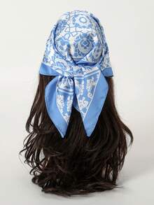 1 chiếc khăn vuông in họa tiết đơn giản 70cm, khăn bandana mùa xuân mới cho nữ, đa năng dùng làm khăn thắt eo, băng đô, khăn quàng cổ thời trang. - Xanh và trắng - Xem 6