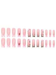 24pcs Leopard Print French Manicure 3D Floral Nail Stickers, European And American INS Style Removable Fake Nails - Pink - View 3