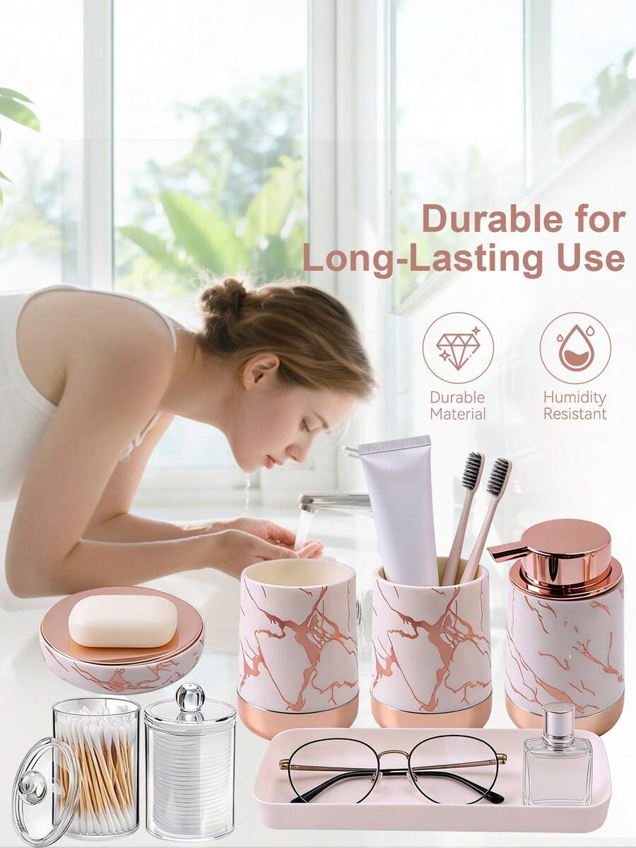 1/4/7 piezas Dispensador de jabón líquido de baño con textura de mármol, bomba de jabón dorada, botella de lavado de manos de cocina de cerámica con textura de mármol, botellas dispensadoras de jabón líquido con bomba - Versión de mármol - Ver 1