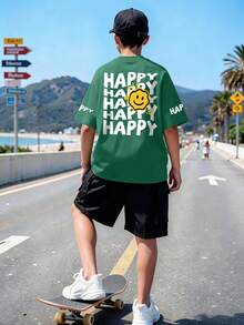 两件套男童“HAPPY”字母及人脸印花圆领短袖T恤+卡其色休闲裤，夏季新款套装 - 彩色 - 查看 1