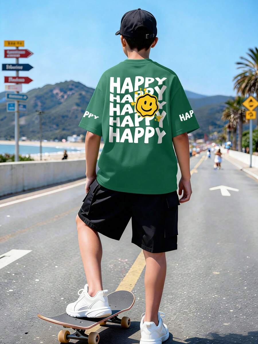 两件套男童“HAPPY”字母及人脸印花圆领短袖T恤+卡其色休闲裤，夏季新款套装 - 彩色 - 查看 1