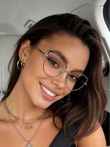 1pc Metal Round Cat Eye Frame Outdoor Photochromic Indoor Flexible Temples Fashion Glasses For Women - Black - View 3