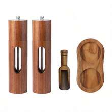 2pcs Acacia Wood Pepper Grinder Set, Acrylic & Solid Wood Transparent Pepper & Salt Grinder Bottles, Party Supplies, Home Dinner - Brown - View 5