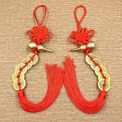 4pcs Feng Shui Five Emperor Coins Hanging Ornament, Copper Gourd Chinese Knot Tassel, Lucky Wealth Protection Decor For Home, Car, Door, Office
