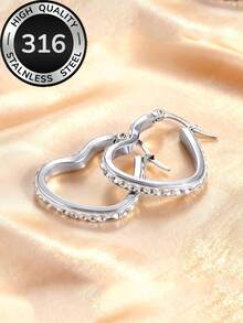 Light Luxury Exquisite Diamond-Encrusted Heart Hoop Earrings, Dazzling And Elegant Design, 316 Stainless Steel Jewelry, Lightweight Eye-Catching Accessories, Suitable For Women's High-Quality Low-Fading Minimalist Earrings For Commuting, Available In Gold And Silver, Perfect For Parties And Daily Wear, Ideal Gift Choice - Heart-shaped - View 7