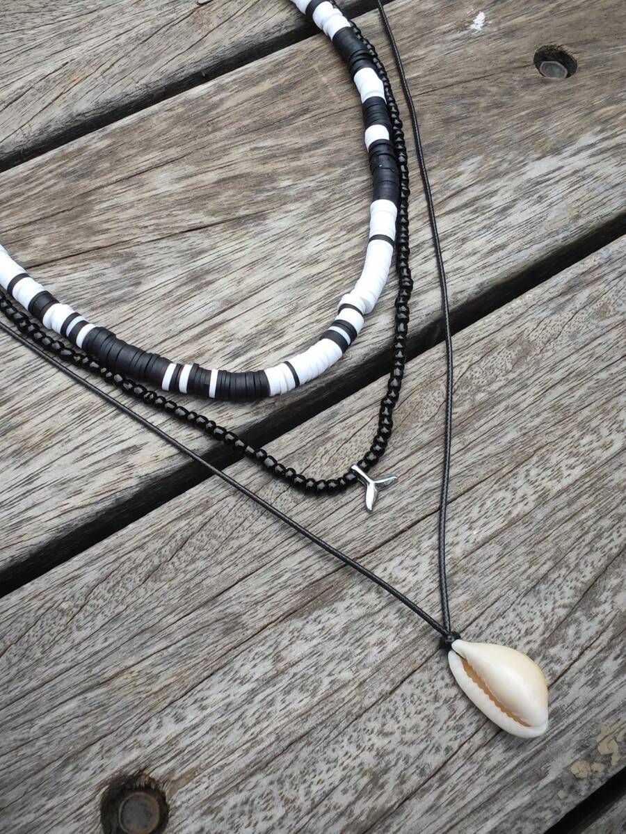3pcs Fashionable Minimalist Shell Pendant Necklace Set, Black & White Ceramic, Suitable For Daily Wear & Vacation - Black and White - View 1