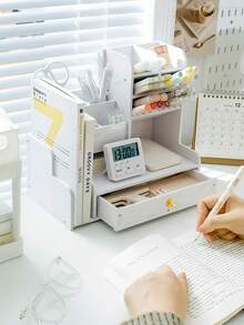 1 pieza Organizador de escritorio DIY para portalápices y almacenamiento, organizador de papelería de oficina multifuncional, taza de madera y plástico de gran capacidad - Multicolor - Ver 3