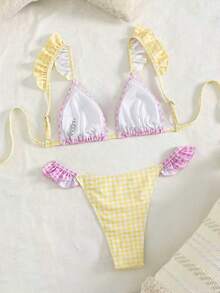 春夏女士性感粉黄格纹荷叶边比基尼两件套，适合海滩、优雅度假、音乐节、复活节、沙滩派对、冲浪等场合，采用弹力舒适面料，系带后背泳衣 - 彩色 - 查看 7
