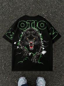 Áo thun nam dáng rộng phong cách tối màu với chữ OTIO và họa tiết in nứt màu xanh neon. - Nhiều màu - Xem 2