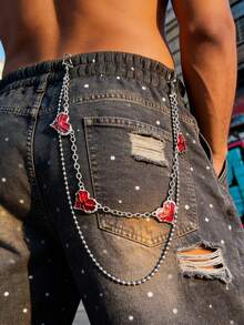 1pc Double-Layer Red Heart Rhinestone Pant Chain/Belt Chain, Red Heart Rhinestone Pant Chain, Y2K Sweet Style, Double-Layer, Detachable, Jeans Chain, Girly, Unisex, Streetwear, Personalized Gift, Birthday Gift, St. Patrick's Day Gift - Heart-shaped Trouser Chain - View 4