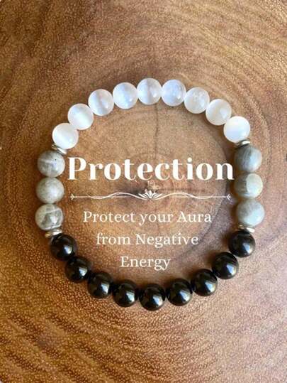 1件水晶手链，黑绿柱石和拉长石手链，8毫米圆形宝石饰品，男女皆宜