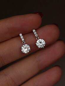 1 Pair Fashion Minimalist Full Rhinestone Pave Stud Earrings, Niche Premium Sparkling Zirconia Ear Studs Earrings Jewelry For Women - Silver - View 2