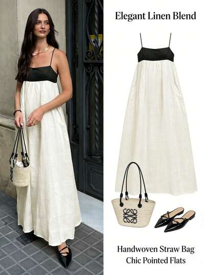 2026春夏时尚：这款百搭、优雅且充满复古气息的长裙采用黑白撞色设计，结合针织和梭织面料，适合日常穿着、通勤或打造街头风造型。它也非常适合打造度假风或波西米亚风穿搭。