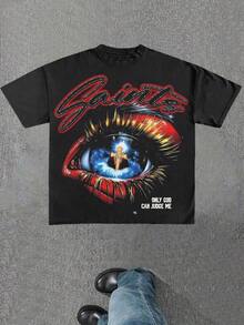 Y2K T Shirts Men, Retro Saints Angel And Eye Aesthetic Graphic, 100% Cotton Crew Neck, Oversized Streetwear, Urban Harajuku, Big And Tall,   For Men - 黑色 10 - 查看 7
