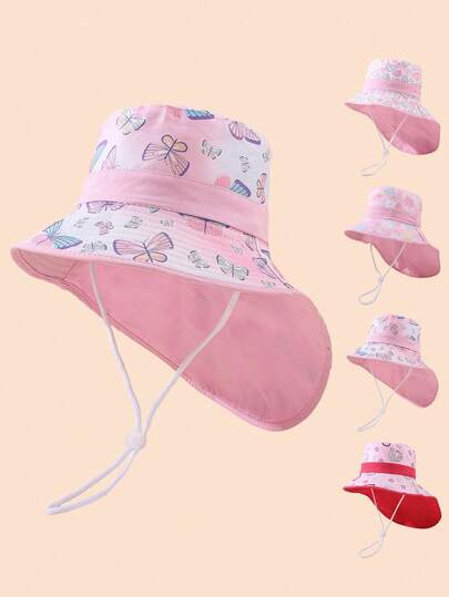 1 Pc Kids Print Bucket Hats Toddler Sun Protection Wide Brim Outdoor Beach Hats For Boys Girls Summer Season Casual Daily Play