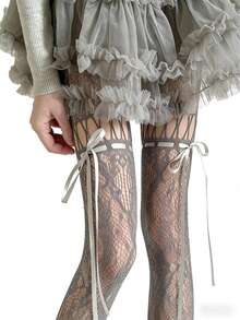 1双 - 春夏镂空蕾丝蝴蝶结渔网袜，性感Y2K风格吊带连裤袜，复古日式抽绳网袜 - 彩色 - 查看 4