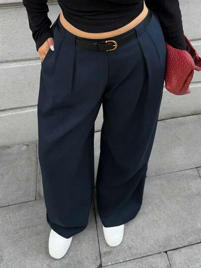Plus Size Women Casual Pocket Straight Leg Long Pants, Suitable For Commuting & Office Wear