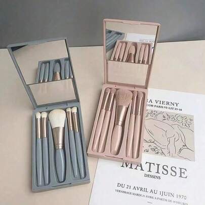 New 5-Piece Makeup Brush Set, With Mirror, Portable Box, Including Eye Shadow Brush, Powder Brush, Mini Multi-Function Makeup Brush Set