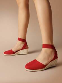 Women's 2.2-Inch Espadrilles Wedge Sandals Closed Toe Elastic Ankle Strap For Vacation Commuting Summer Shoes - 紅色 - 查看 2