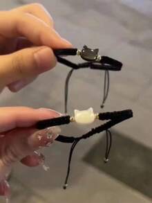 天然月光石黑曜石手链套装 2 件套 简约手工黑白猫咪饰品 派对礼物 - 黑與白 - 查看 3