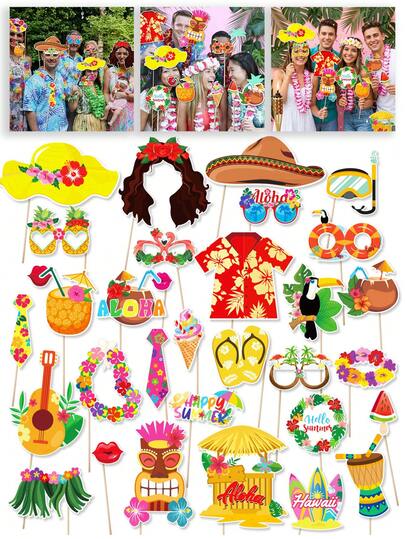 30 pièces Ensemble de fournitures pour fête thème hawaïen, décorations de fête d'été Aloha, articles de fête d'anniversaire pour piscine et plage tropicale, décorations amusantes DIY pour les fêtes hawaïennes, de plage, de piscine, de barbecue et les célébrations de vacances