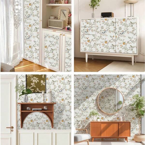 1 rouleau de nouveau papier peint adhésif style chinois avec motifs floraux et oiseaux, revêtement mural imperméable et amovible, convient pour le salon, la chambre, l'entrée, la rénovation de la maison, le recouvrement de film fin, les armoires de cuisine, le dessus de table, 45 cm*1000/500/300/100 cm