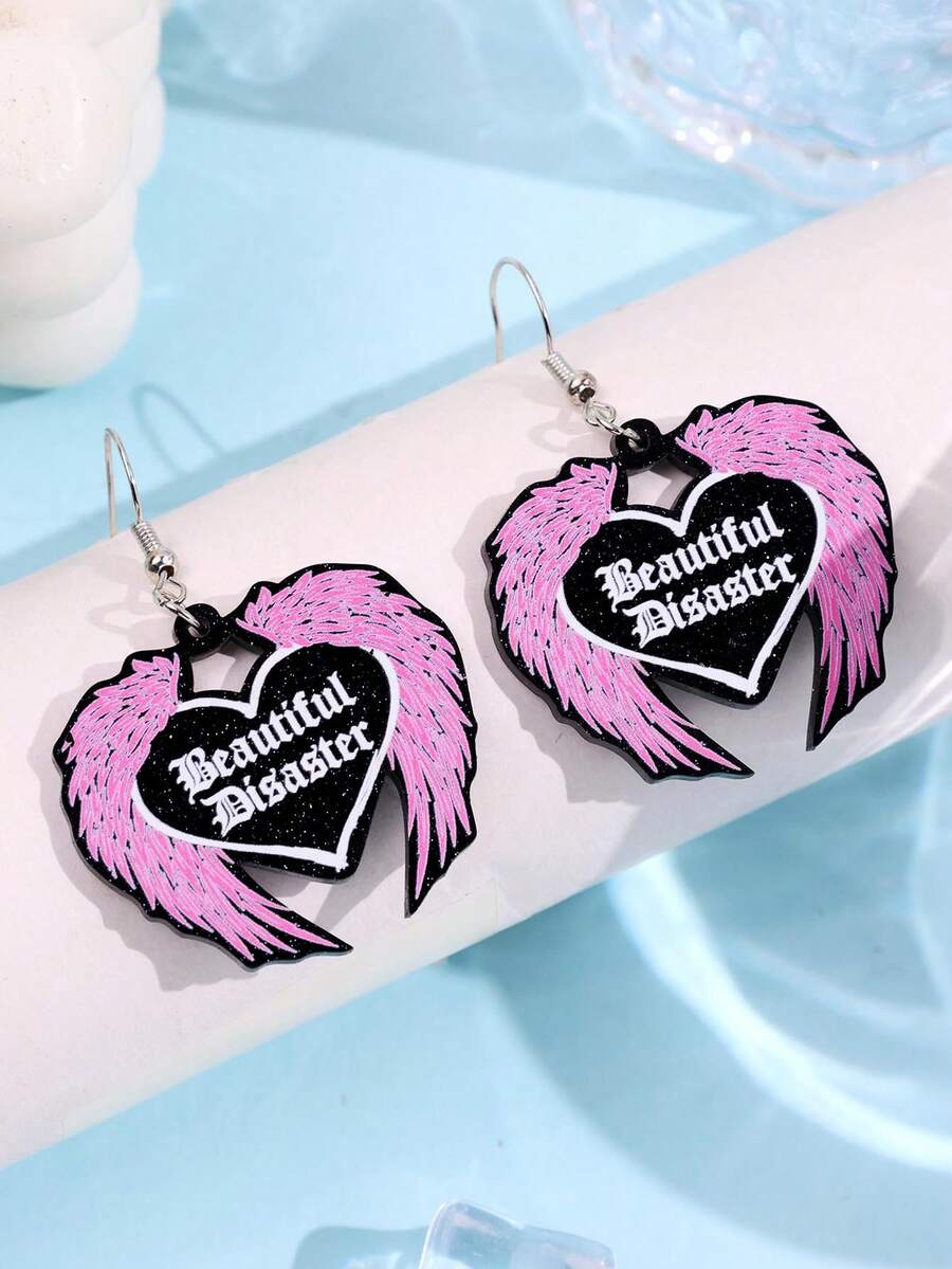 一对创意趣味独特时尚优雅精致可爱卡通爱心翅膀标语亚克力吊坠耳环，适合女性日常佩戴、节日和派对场合。 - 彩色 - 查看 1