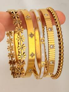 5Pcs/1pc Gold Plated Stackable Bracelet Set | Floral Crystal Bangle | Dainty Fashion Jewelry Gift For Her - Yellow Gold - View 9