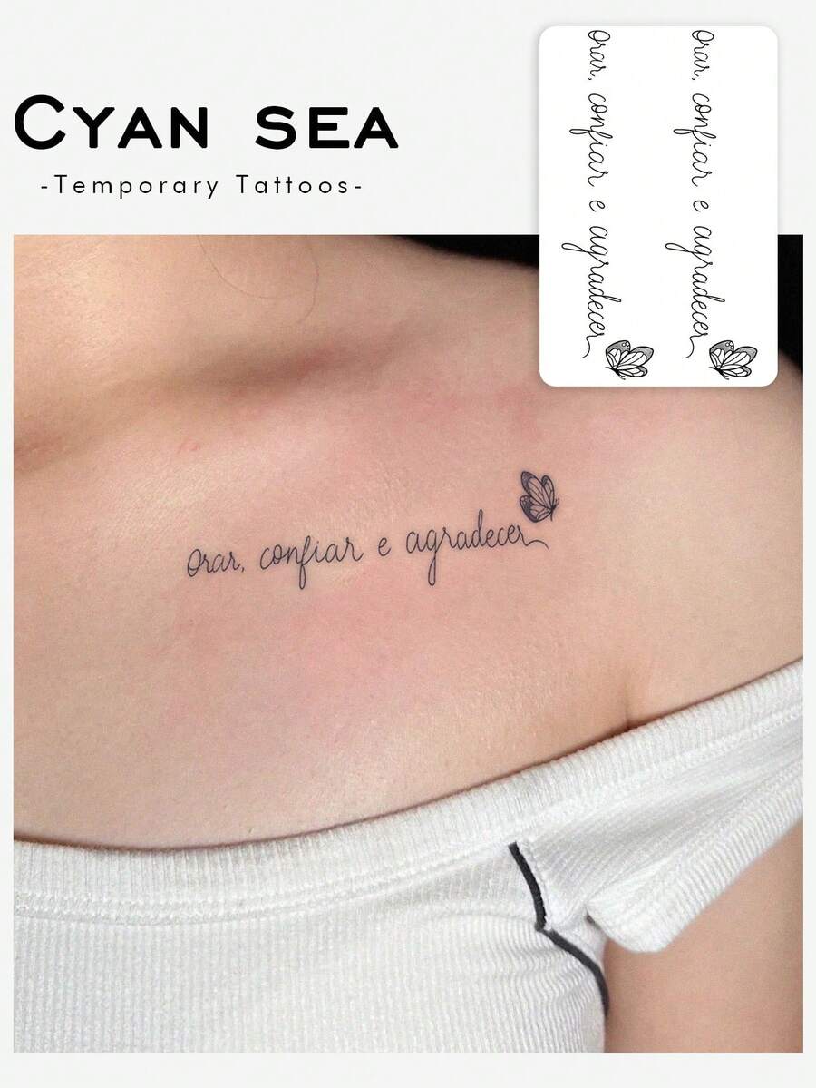 Washable, Waterproof, Sweatproof, Non-Reflective Herbal Temporary Tattoo Stickers, One Sheet, Simple, Trust, Prayer, Gratitude, English Tattoo, Stylish And Cool, Suitable For People, Daily Use, Lasts 3-5 Days. - Black - View 1