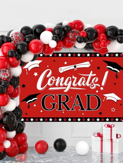 103个/套，12/10/5英寸红白黑乳胶气球，配“Gongrates Grad”背景，毕业派对装饰气球，适用于毕业派对装饰、2026届毕业典礼装饰、节日装饰套装、毕业派对用品、毕业季厨房和餐厅装饰