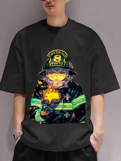 Camiseta de anime de bomberos de Tokio de longitud extendida y talla grande para hombre y mujer con gráfico de llamas resplandecientes - 100% algodón, corte holgado, estilo casual urbano, cuello redondo de verano, para todas las estaciones (Negro)