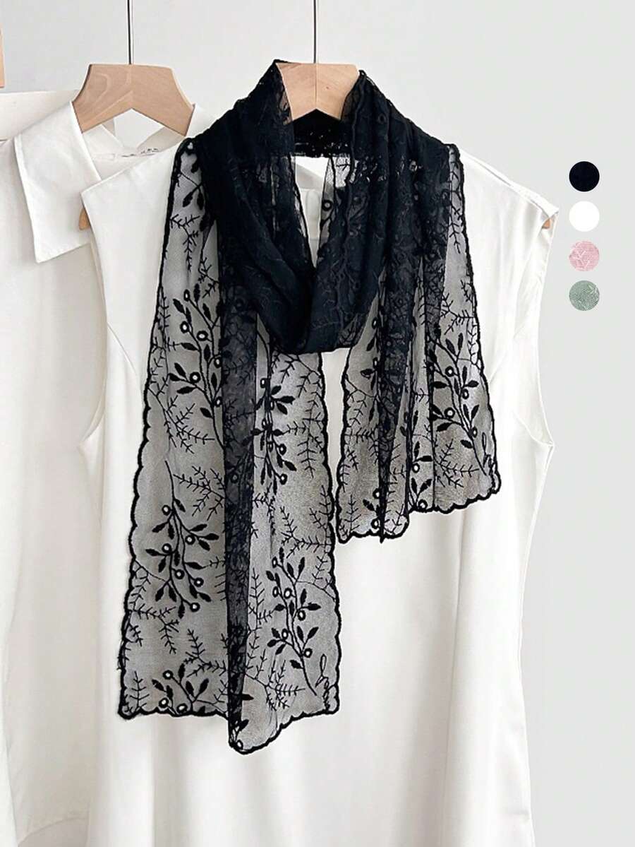 1pc Women's Solid Color Lace Floral Embroidery Scarf, Spring/Summer/Autumn Sunscreen Decorative Headscarf - Multicolor - View 1