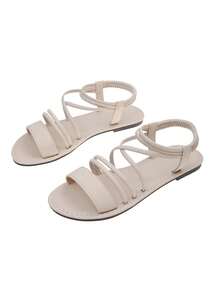 New Fashion Summer Roman Woven Open Toe Flat Sandals, Comfortable Casual Shoes, Fashionable Open Toe Design Cross Strap Flat Sandals Lightweight And Comfortable. - Beige - View 8
