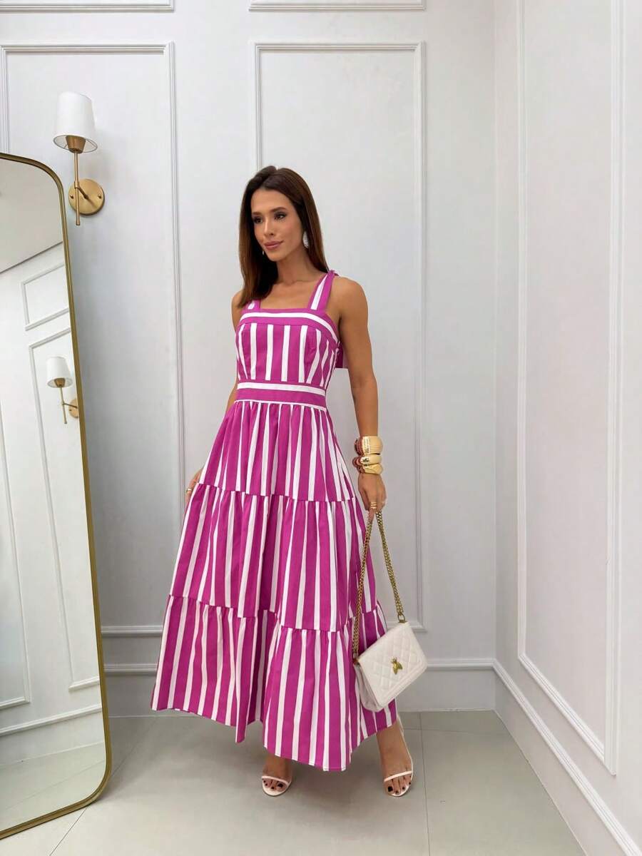 15 Striped All-Over Print Fabric Gathered Hem With Ruffle Wedding Dresses - Hot Pink - View 1