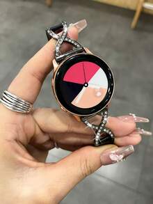 20mm Leather Quick Release Watch Band, X-Shaped Rhinestone Strap, Compatible With Samsung, , Watches, Suitable For Men And Women - Black - View 2