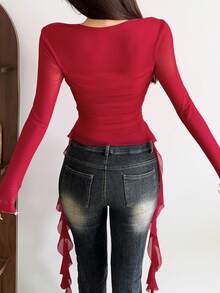 Blusa versátil de manga larga con cuello cuadrado, ajustada, con parches de flecos y unicolor - Burdeos - Ver 2