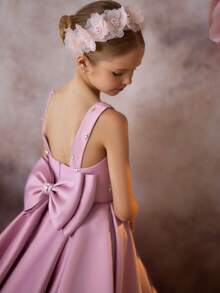 少女薰衣草串珠蝴蝶结拖尾连衣裙，优雅派对礼服，公主裙，适合女孩的生日派对、宴会、晚会、舞会、伴娘、花童婚礼、节日庆典 - 紫色 - 查看 3