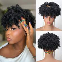 2-In-1 African Fluffy Curly Wig With Bangs, Black/Brown/Golden, Women Synthetic Half Head Wig - Multicolor - View 1