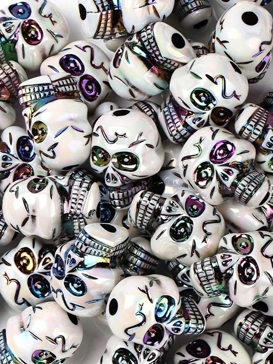 Vintage-Style Skull Acrylic Beads With Straight Holes - Halloween & Easter Themed, Colorful Eye Designs For DIY Jewelry Making, Bracelets, Necklaces & Handmade Gifts, Festive Crafting Beads | Halloween Accessories | Vibrant Bead Colors, Halloween Decorations - View 1