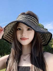 Mũ rộng vành gấp gọn dành cho nữ, mũ xô thoáng khí chống tia UV mùa hè mới, mũ chống nắng kẻ sọc bằng polyester kiểu dáng thường ngày. - mũ - Xem 3