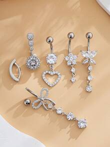 6件套不锈钢肚脐环饰品套装，性感蝴蝶结心形花朵镶嵌锆石，女士日常佩戴 - 銀色 - 查看 3