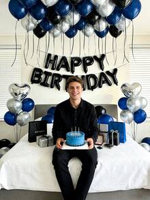 Bộ 18/60 bóng bay sinh nhật kiểu Mỹ màu đen, bạc và xanh dương - Trang trí sinh nhật cho nam và nữ, băng rôn "Chúc mừng sinh nhật" + bóng bay hình trái tim bằng giấy bạc, bóng bay cao su dày màu xanh navy, đen và bạc, phông nền tiệc theo phong cách tối màu, phù hợp trang trí phòng ngủ lãng mạn, tiệc sinh nhật bất ngờ lúc nửa đêm, phụ kiện chụp ảnh sinh nhật, đồ dùng tiệc kỷ niệm. - Xem 2