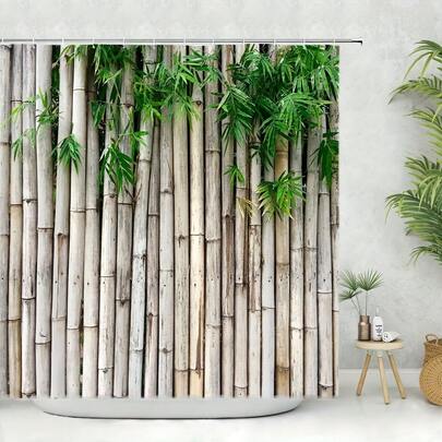 1 pieza Cortina de ducha con estampado de bambú, diseño japonés zen de bambú natural, elegante color beige para decoración del hogar en el baño con ganchos, tela de poliéster duradera, lavable a máquina, 180cm/70.86in