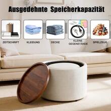 Ball & Cast 2-Piece Nesting Stool Set With Storage, Footstool With Linen Cover And Wooden Shelf, 58 Cm Round Coffee Table & Bench, Beige - Beige - View 6