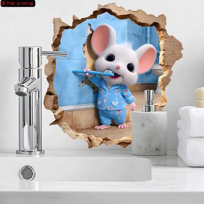 1 pieza Pegatina de pared 3D con impresión 2D de un lindo ratón, pegatina decorativa de baño de un ratón de dibujos animados cepillándose los dientes