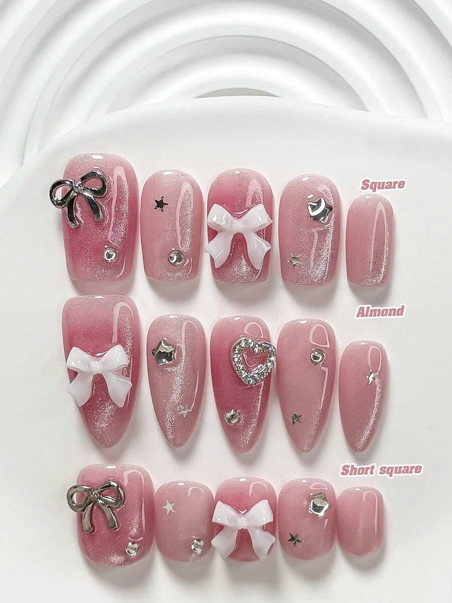 10件套手工3D蝴蝶结、闪亮水钻星星、镂空爱心水钻美甲装饰、亮片美甲贴纸，可爱美甲装饰，包含指甲锉和果冻贴纸（适合方形、短矩形、杏仁形指甲） - 彩色 - 查看 1