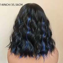 14 Inch Short Curly Wavy Bob Wig With Bangs, Black Base With Royal Blue Peekaboo Ombre Synthetic Wig, Heat Resistant Natural Looking Wig For Women, Daily Wear, Party, Cosplay, Wedding & Halloween - 黑藍漸變 - 查看 3