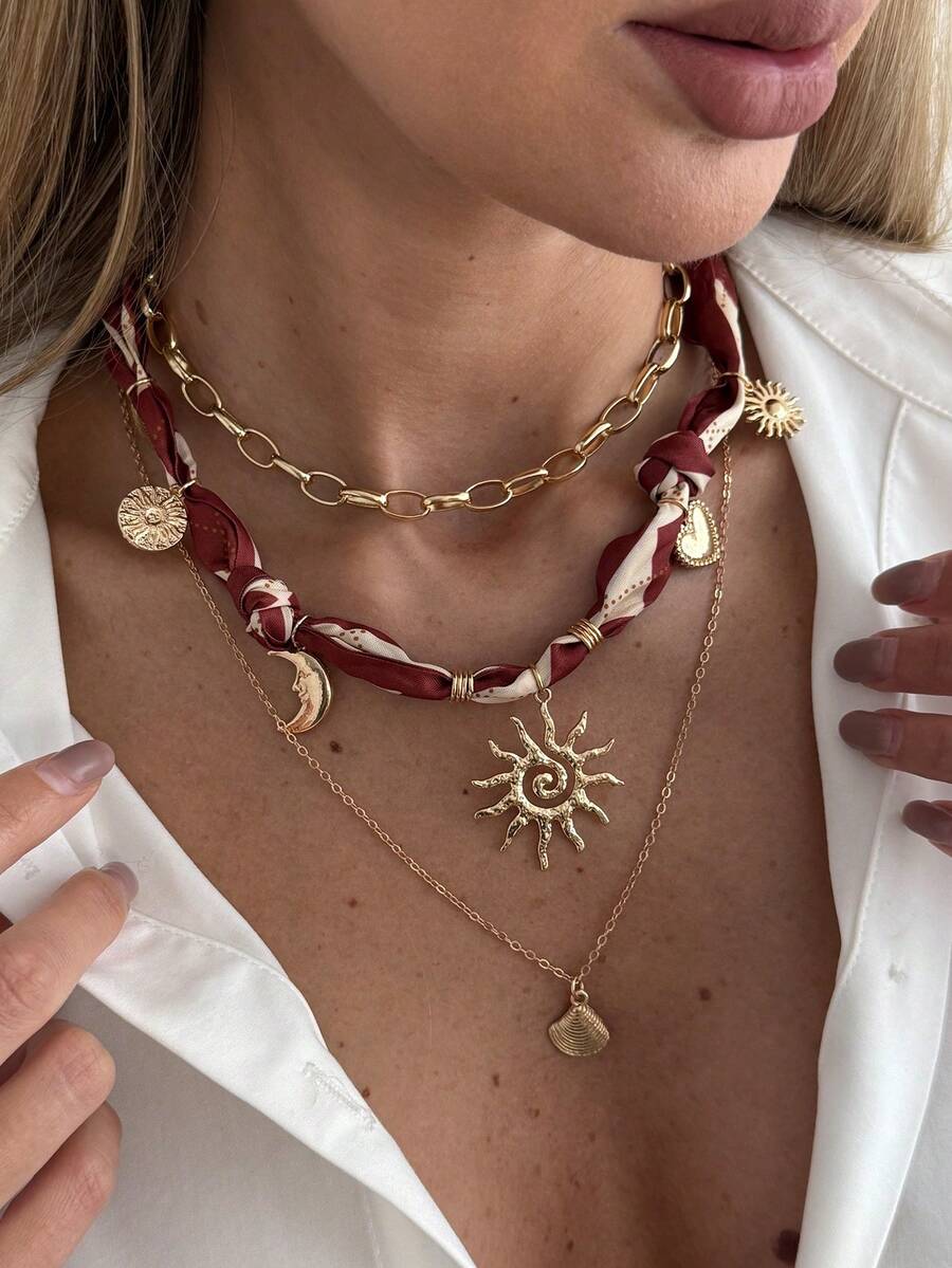 3pcs/Set Bohemian Style Fabric Tie Geometric Chain, Star, Moon, Flame, Sun, Scallop Pendant Necklace Set, Elegant Luxury Jewelry For Wedding, Party, Beach, Daily Casual, Street Snap, Women & Couples Gift